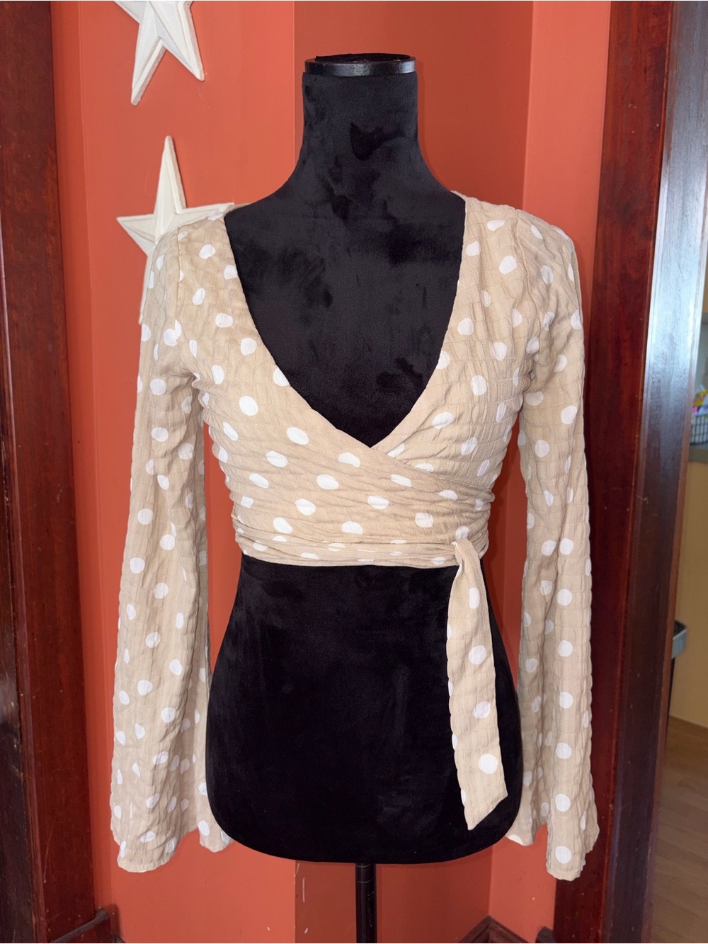 Beige Polka Dot Wrap Crop Top with Tie